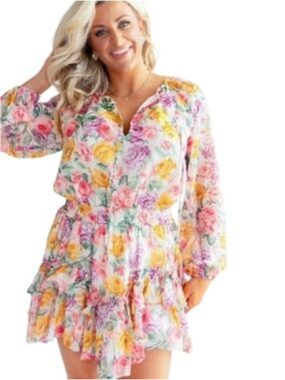 Storia Pastel Floral Ruffle Mini Dress in Pink, Yellow & Green Size Medium NWT